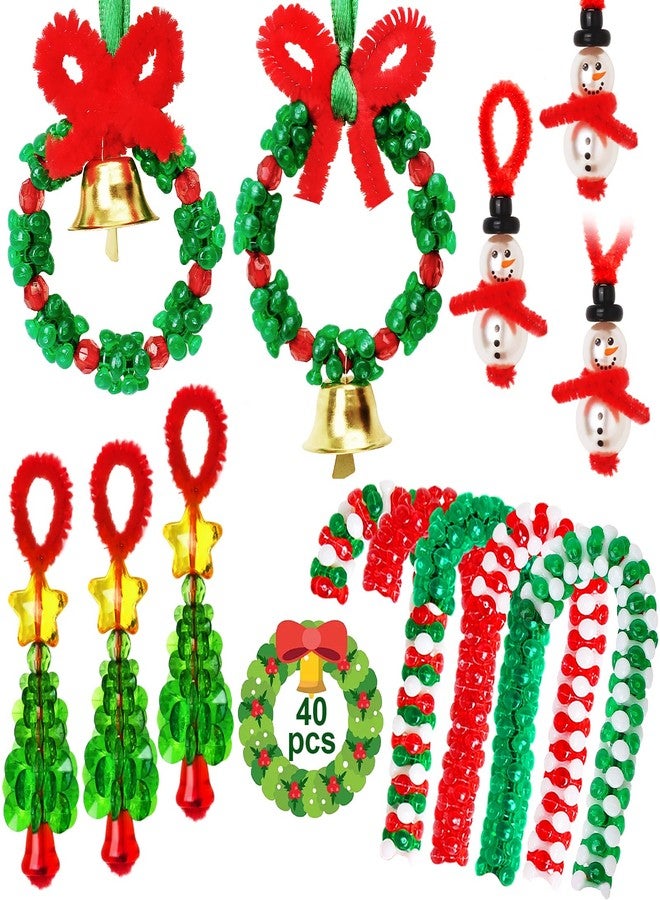 AWHETIE Christmas Crafts for Kids Adults,40 Sets Beaded Ornament Kit,Including 20 Pcs Wreath with Bell/5 Pcs Snowman/5 Pcs Christmas Tree/10 Pcs Candy Cane,Holiday Tree Decorations - Image 1
